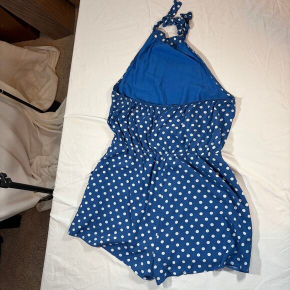 Pretty Garden polka dot halter open back romper. Size M. Blue and white. - Picture 4 of 4